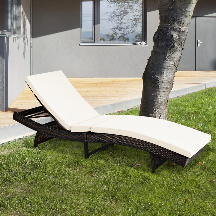 Set of 2 Foldable Patio Rattan Chaise Lounge Chair w/5 Back Positions White Cushion Image 5