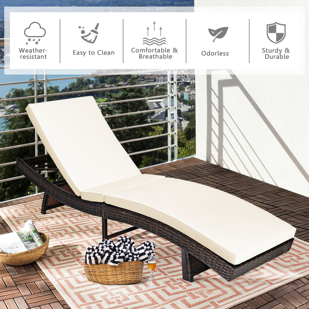 Set of 2 Foldable Patio Rattan Chaise Lounge Chair w/5 Back Positions White Cushion Image 6