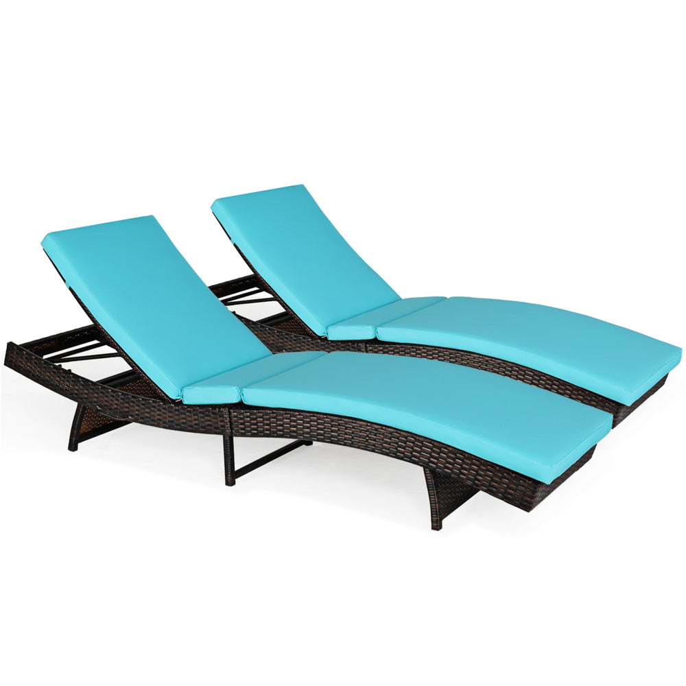 Set of 2 Foldable Patio Rattan Chaise Lounge Chair w/5 Back Positions Turquoise Cushion Image 2