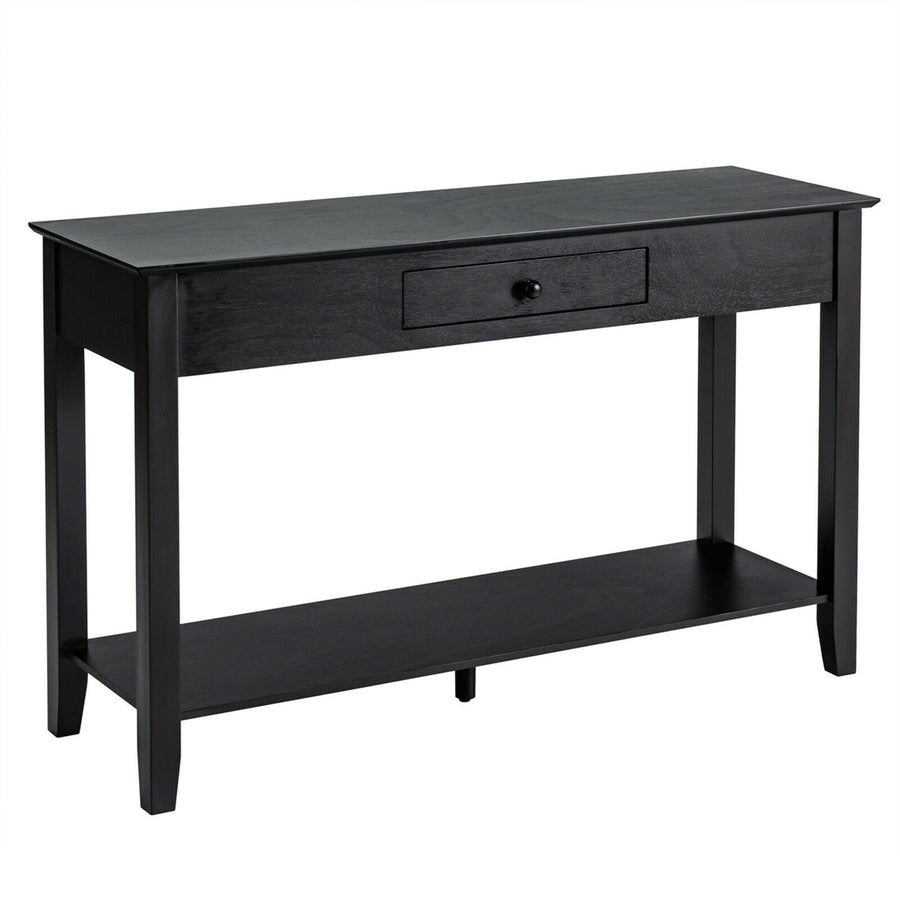 Console Table with Drawer Shelf 2 Tier Sofa Side Accent Table Black Image 1