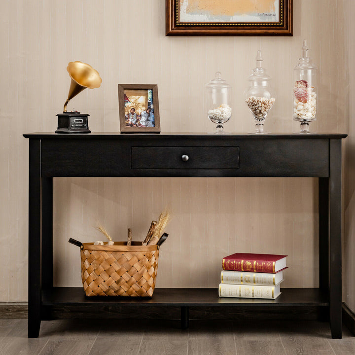 Console Table with Drawer Shelf 2 Tier Sofa Side Accent Table Black Image 3