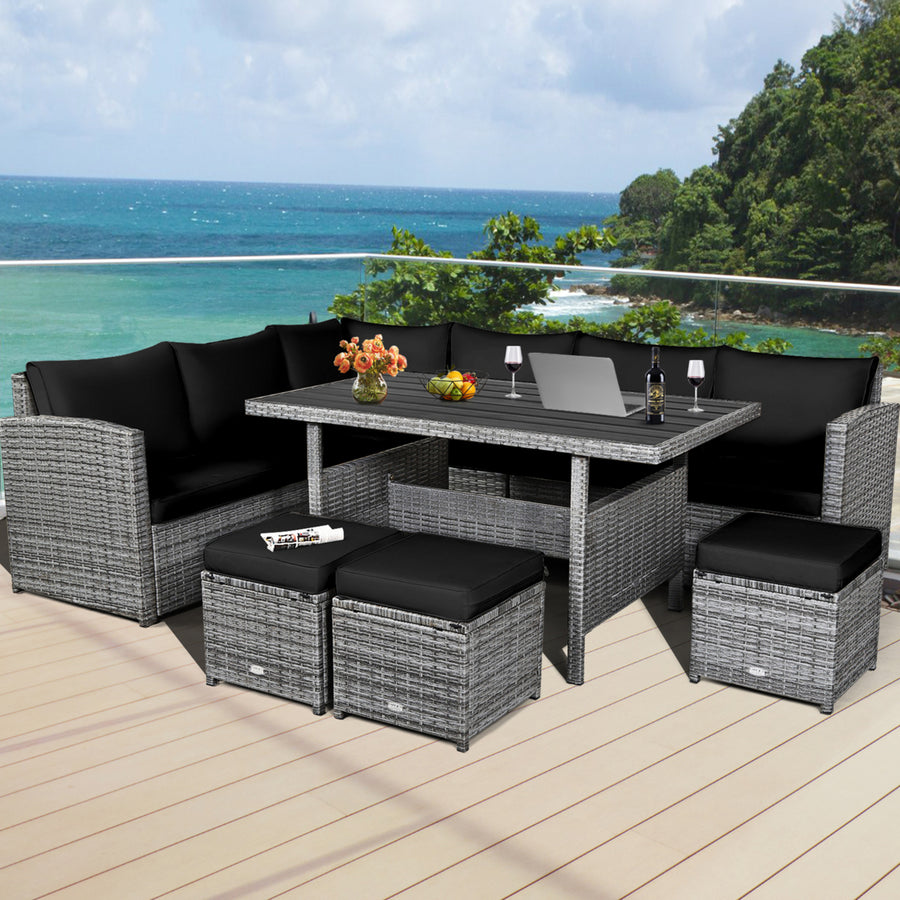 7PCS Rattan Patio Sectional Sofa Set Conversation Set w/ Black Cushions Image 1