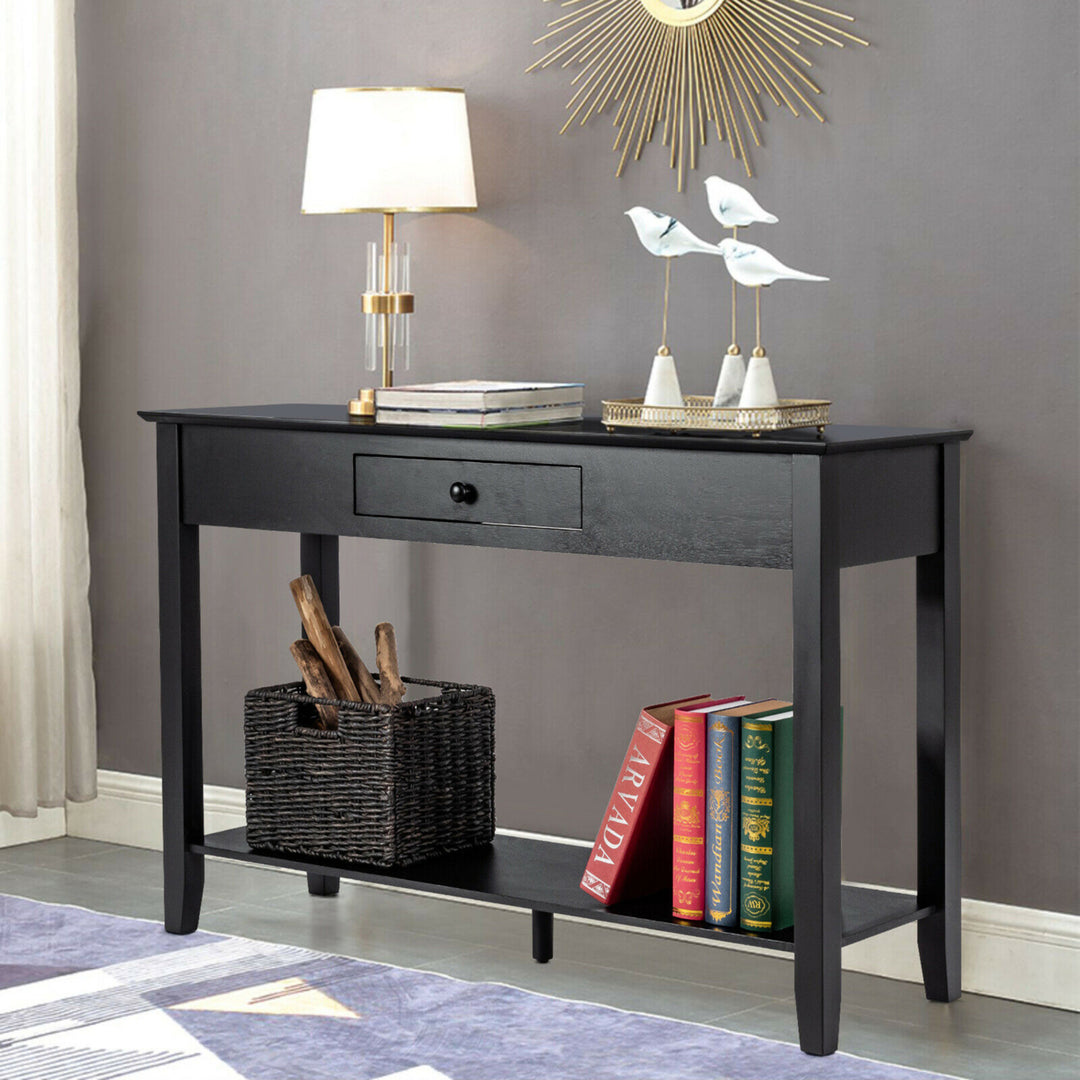 Console Table with Drawer Shelf 2 Tier Sofa Side Accent Table Black Image 4