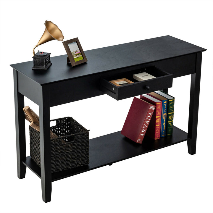 Console Table with Drawer Shelf 2 Tier Sofa Side Accent Table Black Image 6