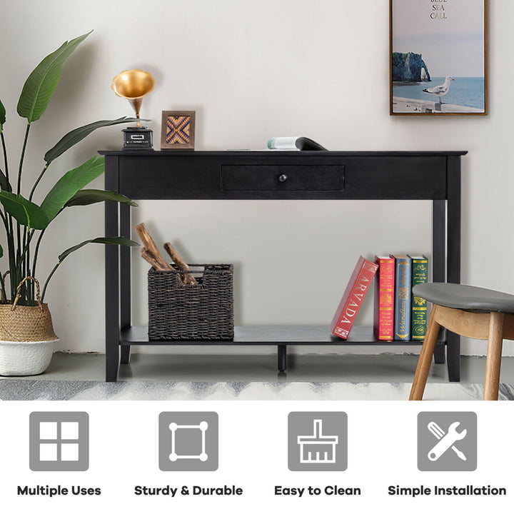 Console Table with Drawer Shelf 2 Tier Sofa Side Accent Table Black Image 7