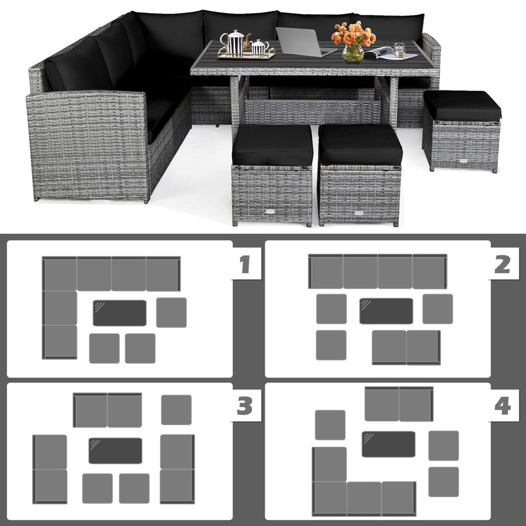 7PCS Rattan Patio Sectional Sofa Set Conversation Set w/ Black Cushions Image 6