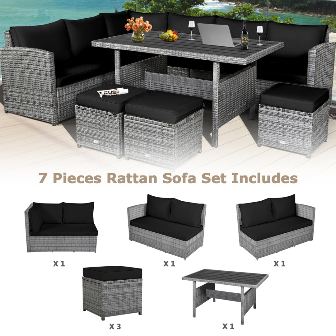 7PCS Rattan Patio Sectional Sofa Set Conversation Set w/ Black Cushions Image 7