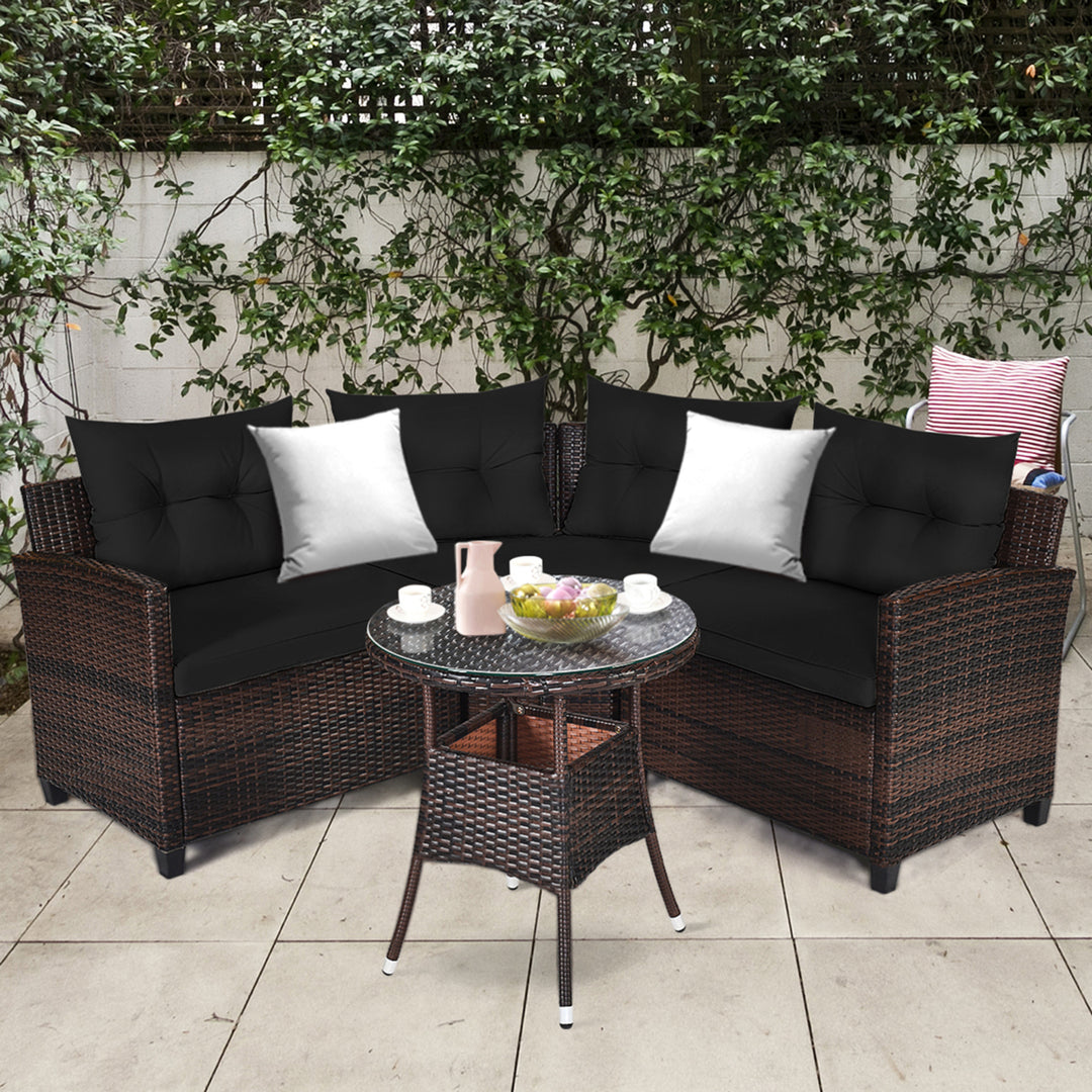 4PCS Patio Furniture Set Outdoor Rattan Sectional Sofa Set w/ Black Cushions Image 1