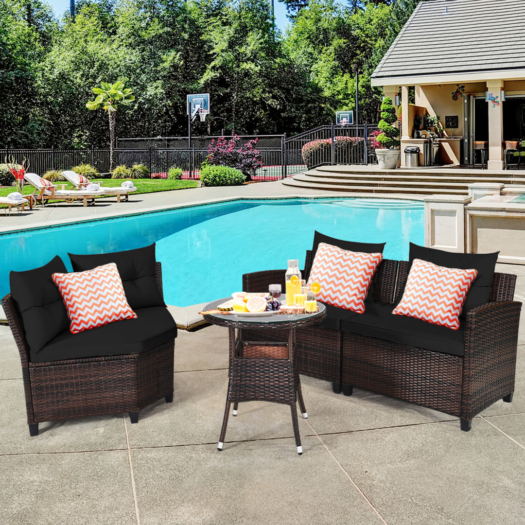 4PCS Patio Furniture Set Outdoor Rattan Sectional Sofa Set w/ Black Cushions Image 4