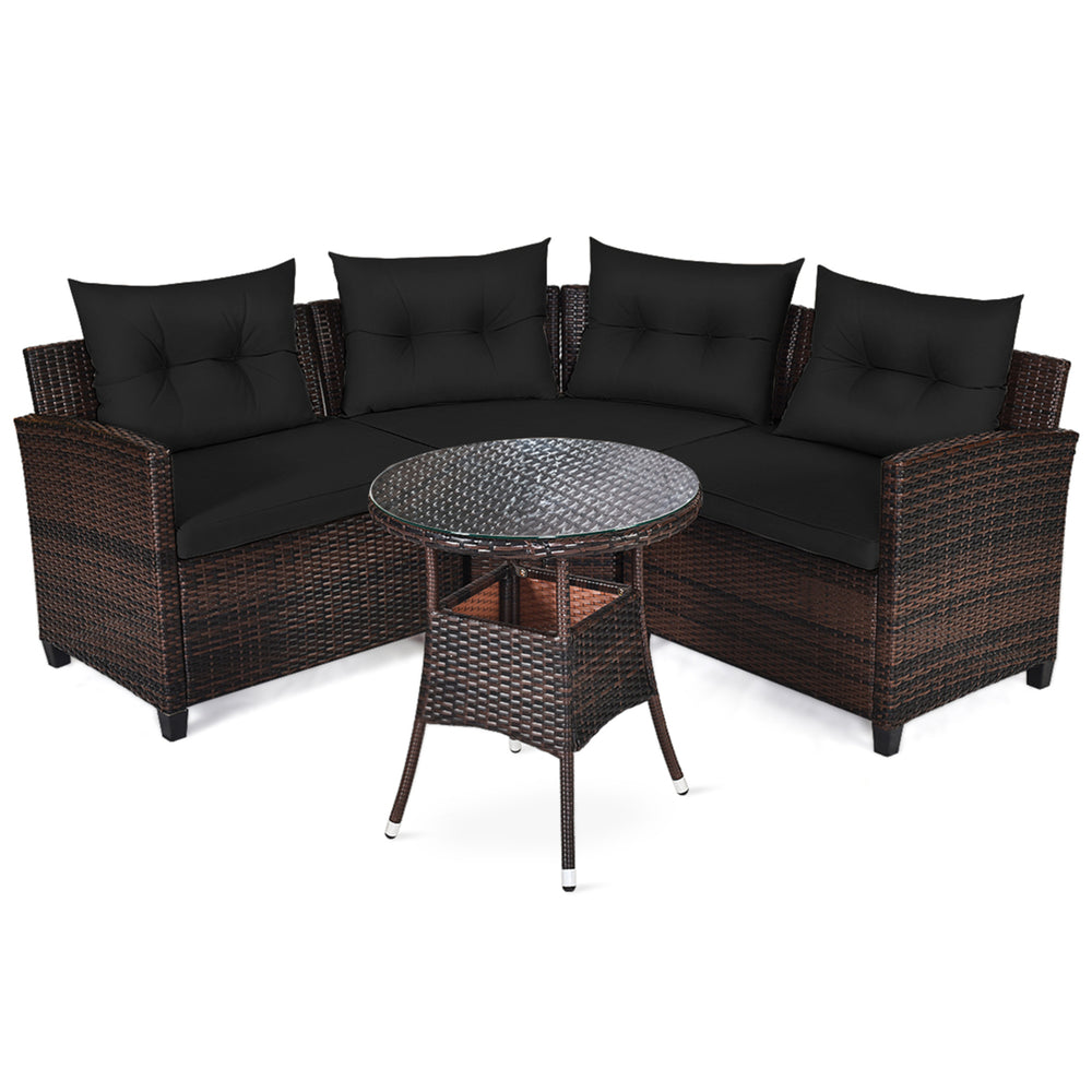 4PCS Patio Furniture Set Outdoor Rattan Sectional Sofa Set w/ Black Cushions Image 2