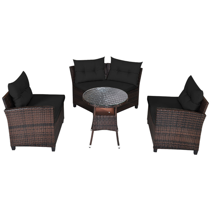 4PCS Patio Furniture Set Outdoor Rattan Sectional Sofa Set w/ Black Cushions Image 5