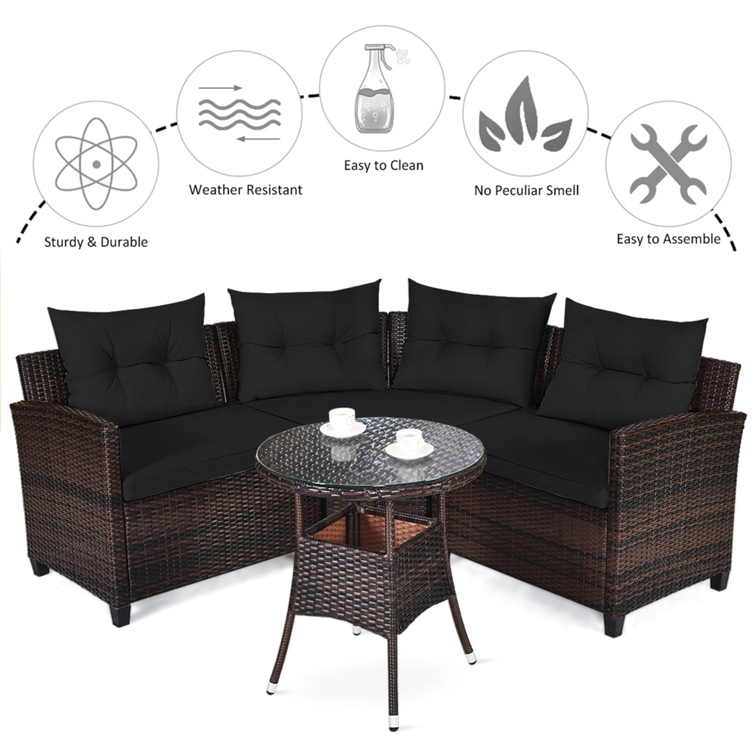 4PCS Patio Furniture Set Outdoor Rattan Sectional Sofa Set w/ Black Cushions Image 7