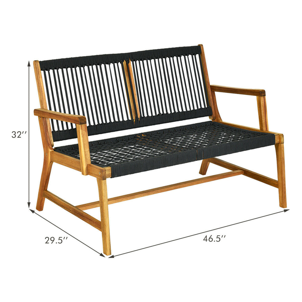 Wooden Rope Bench Loveseat Patio Garden Outdoor w/ Backrest and Armrest Black Image 2