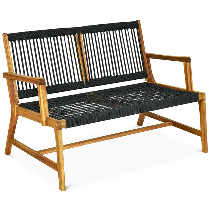 Wooden Rope Bench Loveseat Patio Garden Outdoor w/ Backrest and Armrest Black Image 4