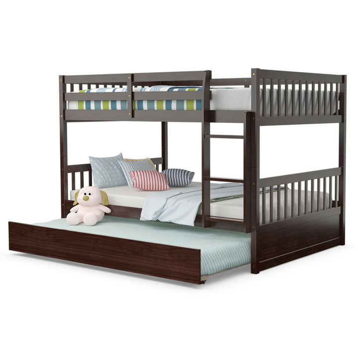 Full over Full Bunk Bed Platform Wood Bed w/ Trundle and Ladder Rail Image 3