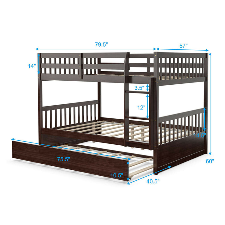 Full over Full Bunk Bed Platform Wood Bed w/ Trundle and Ladder Rail Image 2