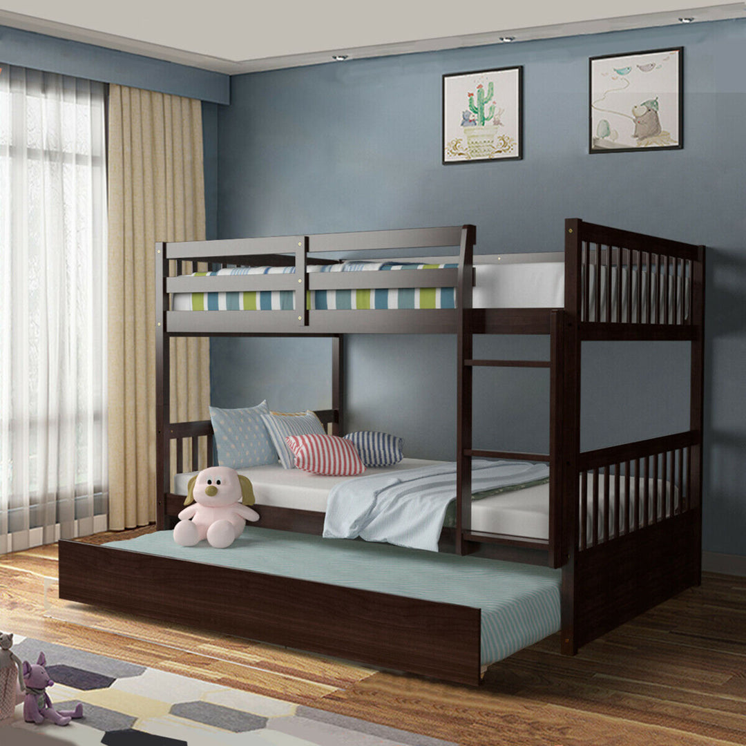 Full over Full Bunk Bed Platform Wood Bed w/ Trundle and Ladder Rail Image 5