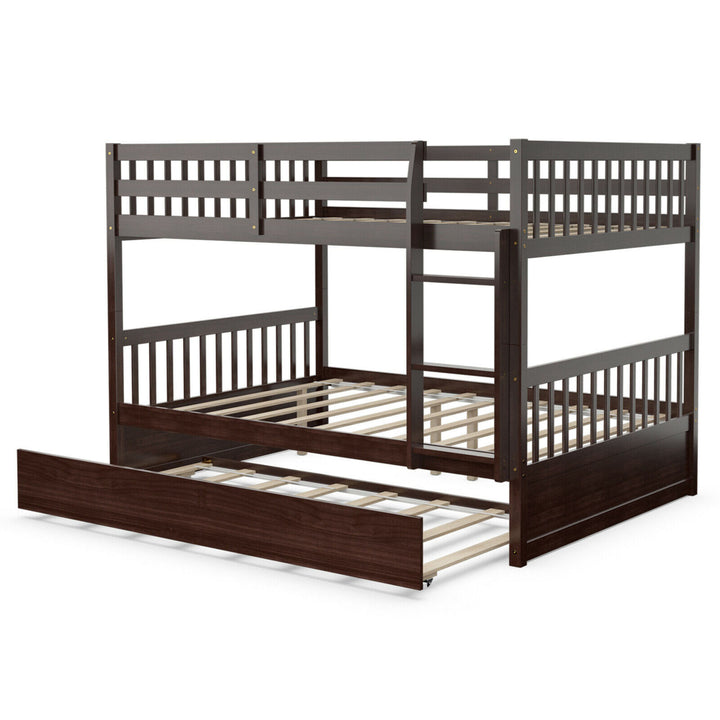 Full over Full Bunk Bed Platform Wood Bed w/ Trundle and Ladder Rail Image 1