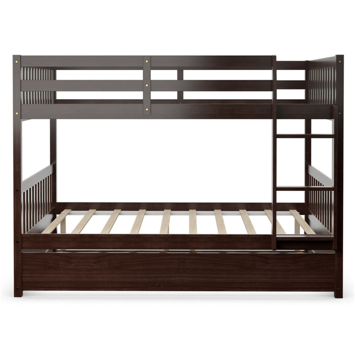 Full over Full Bunk Bed Platform Wood Bed w/ Trundle and Ladder Rail Image 6