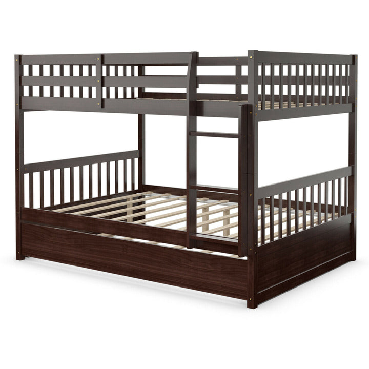 Full over Full Bunk Bed Platform Wood Bed w/ Trundle and Ladder Rail Image 7