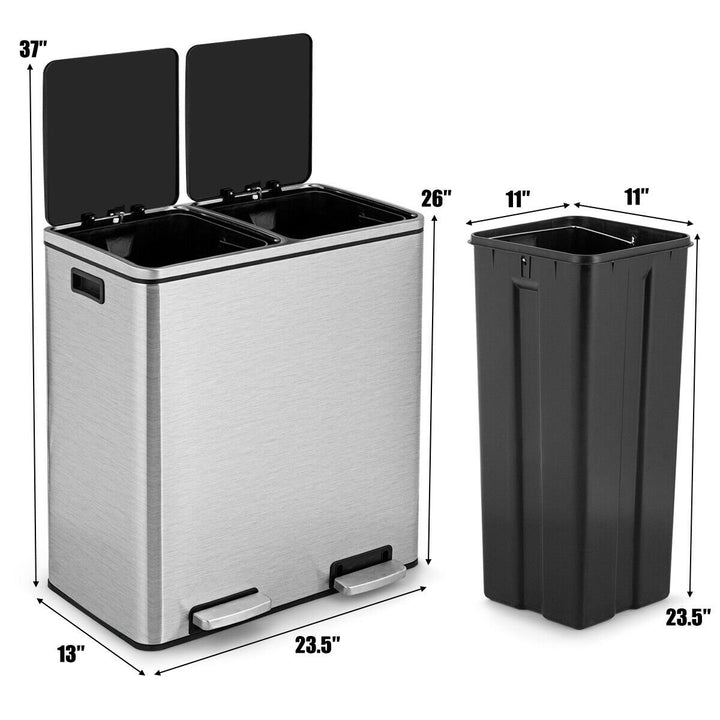 16 Gallon Dual Step Trash Can Recycling Stainless Steel Double Bucket Pedal Bin Image 2