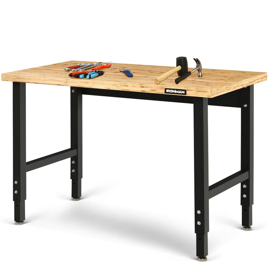 Adjustable Height Workbench Bamboo Top Steel Frame Heavy-duty Garage Image 1