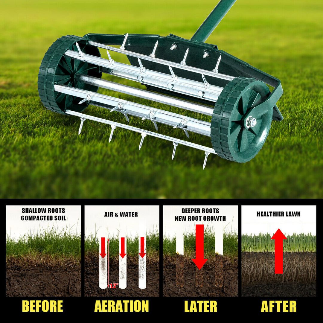 18-inch Rolling Lawn Aerator Rotary Push Tine Spike Soil Aeration W/Fender Image 5