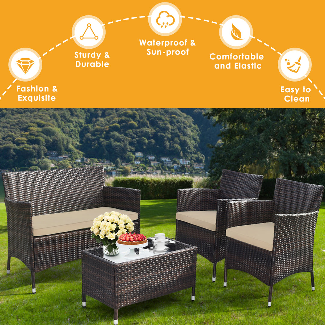 4 PCS Patio Garden Rattan Furniture Set Coffee Table Cushioned Sofa Brown Image 5