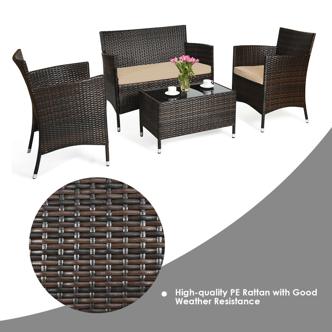 4 PCS Patio Garden Rattan Furniture Set Coffee Table Cushioned Sofa Brown Image 7