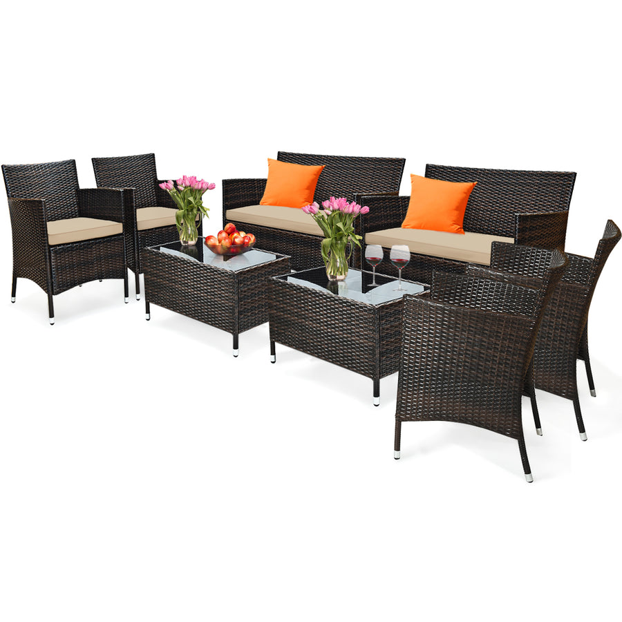 8PCS Patio Garden Rattan Furniture Set Coffee Table Cushioned Sofa Brown Image 1