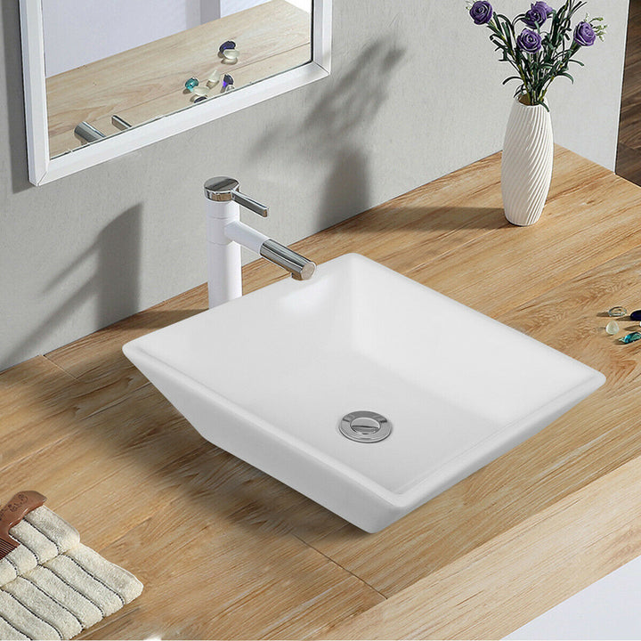 16" x 16" Beveled Square Bathroom Ceramic Vessel Sink Art Basin w/ Pop-up Drain Image 3