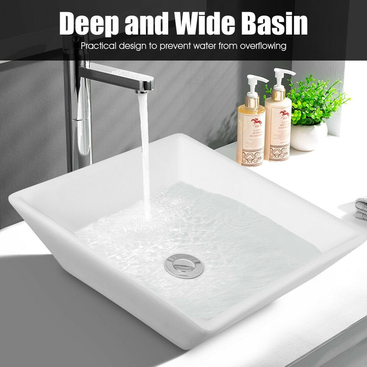 16" x 16" Beveled Square Bathroom Ceramic Vessel Sink Art Basin w/ Pop-up Drain Image 6