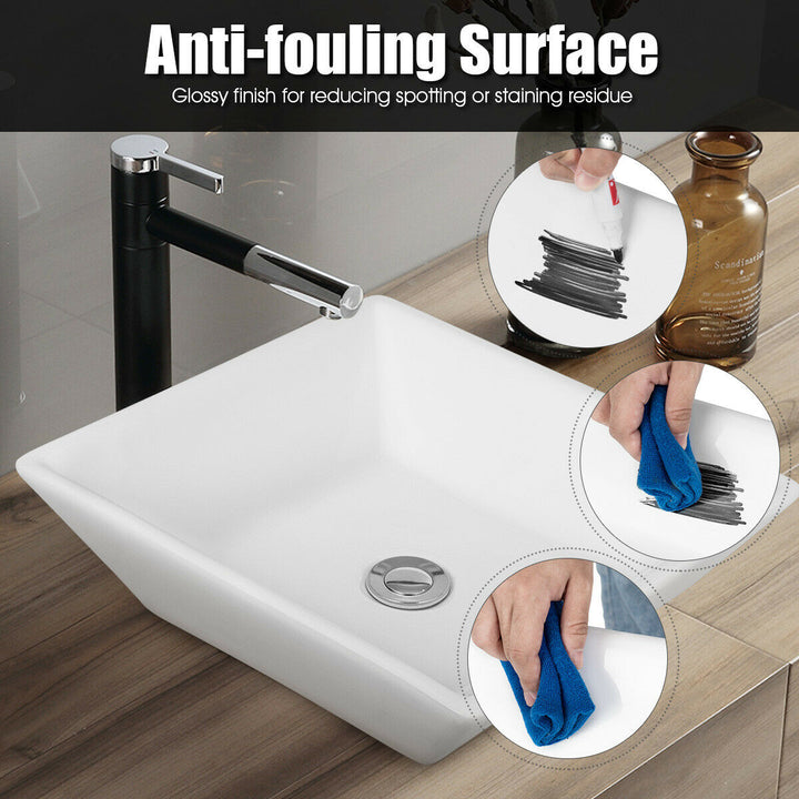 16" x 16" Beveled Square Bathroom Ceramic Vessel Sink Art Basin w/ Pop-up Drain Image 7