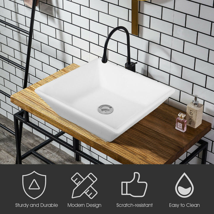 16" x 16" Beveled Square Bathroom Ceramic Vessel Sink Art Basin w/ Pop-up Drain Image 8