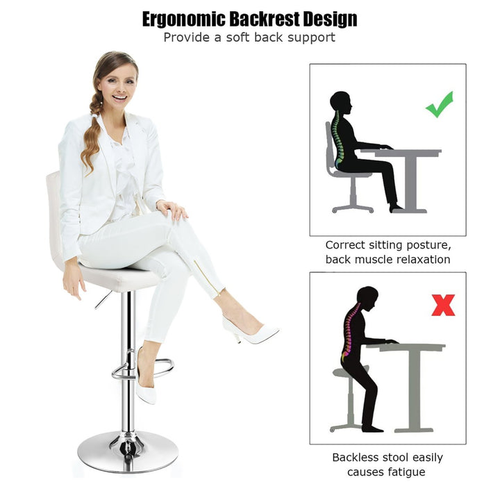 Adjustable Armless Bar Stool Full Back Swivel Kitchen Counter Bar Chair PU Leather White Image 9