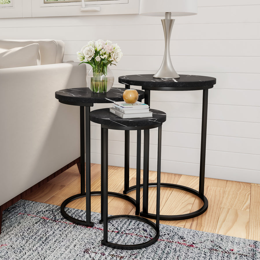 Set of 3 Black Faux Marble Nesting Tables with Steel Construction 17.75 to 12 inches Image 1