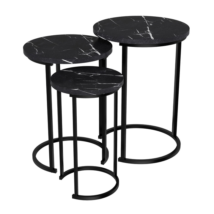 Set of 3 Black Faux Marble Nesting Tables with Steel Construction 17.75 to 12 inches Image 2