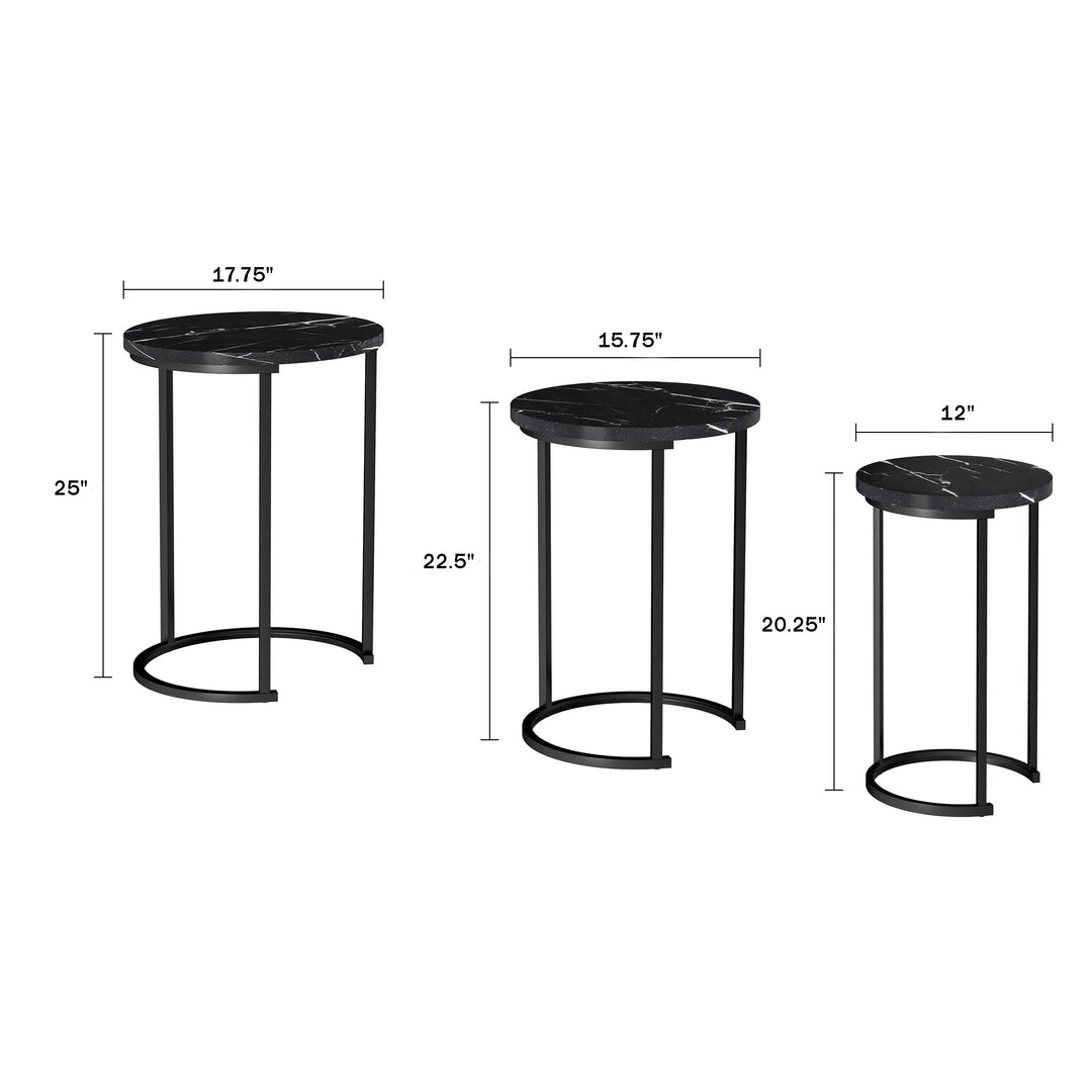 Set of 3 Black Faux Marble Nesting Tables with Steel Construction 17.75 to 12 inches Image 3