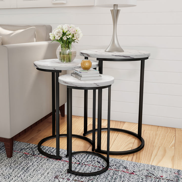 Set of 3 White Faux Marble Nesting Tables Round Accent Tables Steel MDF Image 1