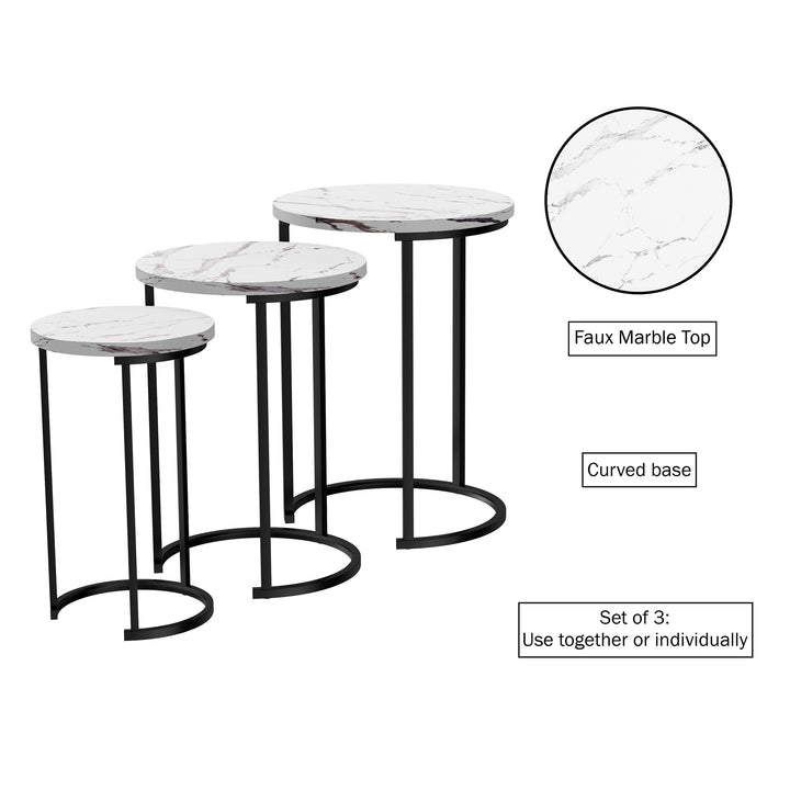 Set of 3 White Faux Marble Nesting Tables Round Accent Tables Steel MDF Image 3