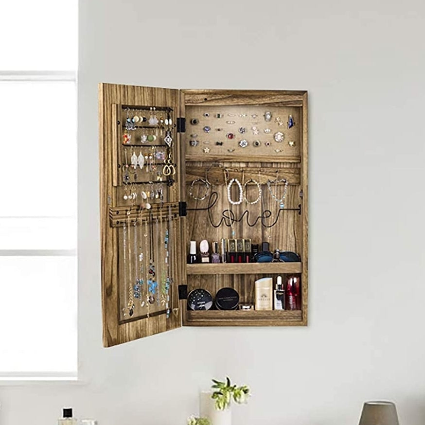 Jewelry Cabinet Armoire, Mirrored Solid Wood Wall/Door Mounted Image 1