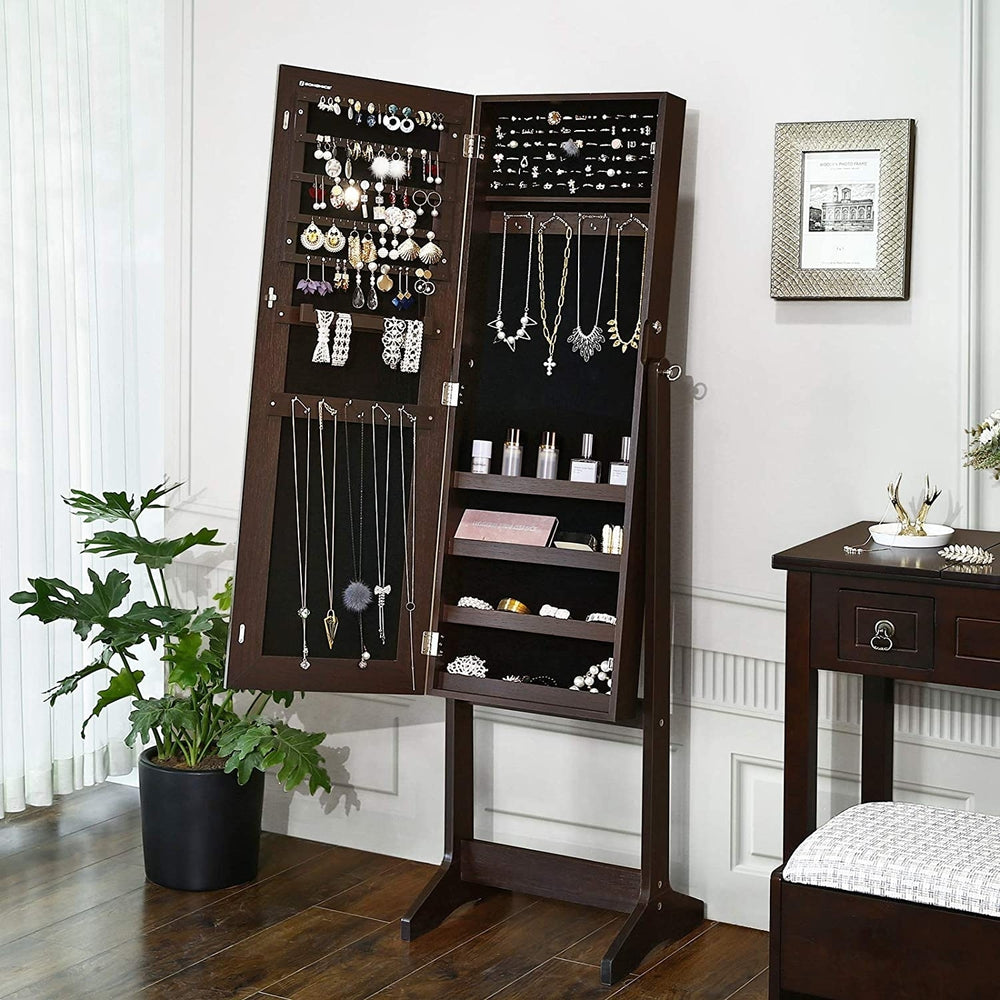 Jewelry Cabinet with Full-Length Mirror, Large Storage Jewelry Armoire Organizer Lockable, Dark Brown Image 2