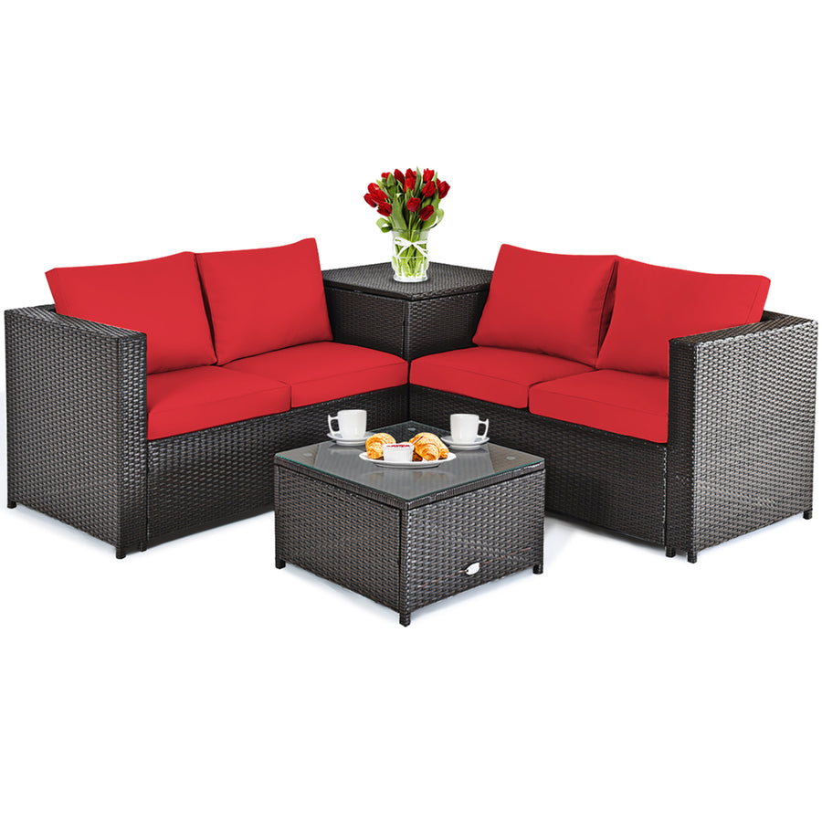 Costway 4PCS Outdoor Patio Rattan Furniture Set Cushioned Loveseat Storage Table Red\Turquoise Image 1