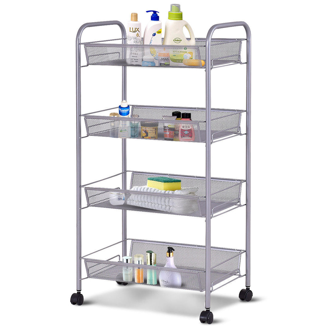 4 Tier Storage Rack Trolley Cart Home Kitchen Organizer Utility Baskets Silver Steel Image 1