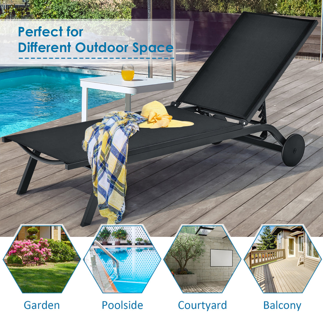 Outdoor Lounge Chair Chaise Reclining Aluminum Fabric Adjustable Black Image 5