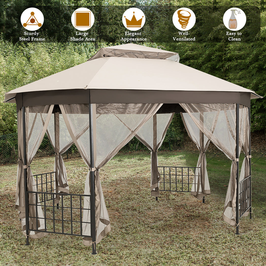 10x12 Patio Gazebo Canopy Shelter Double Top Netting Sidewalls Beige Image 5