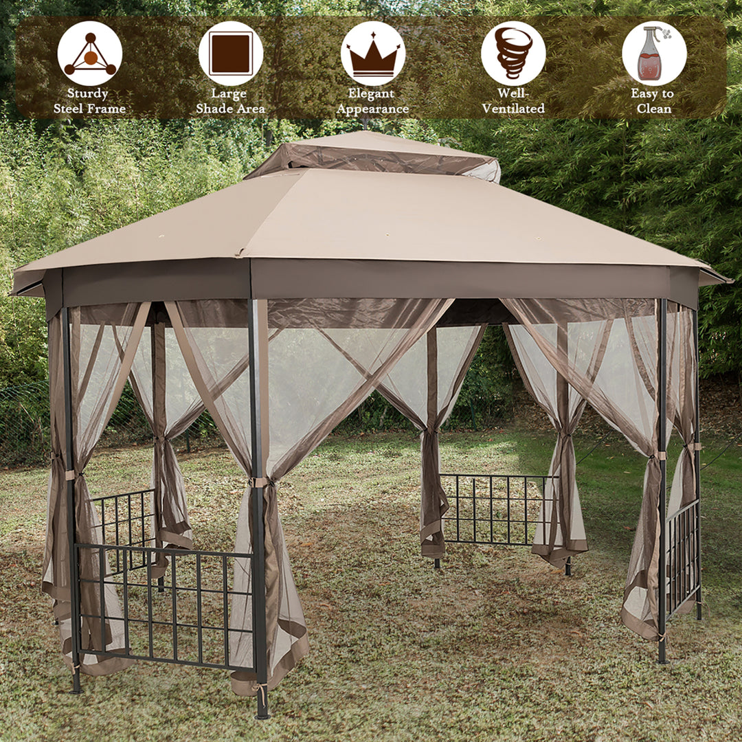 10 x 12 Octagonal Patio Gazebo Canopy Shelter Double Top W/Netting Sidewalls Image 5