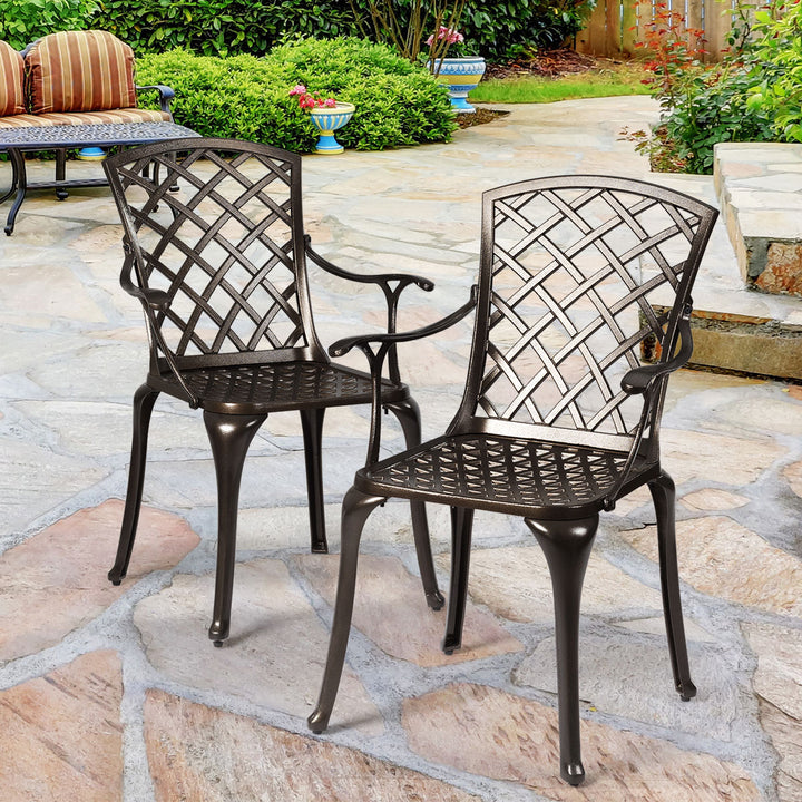 Outdoor Cast Aluminum Arm Dining Chairs Set of 2 Patio Bistro Chairs, Brown Image 5