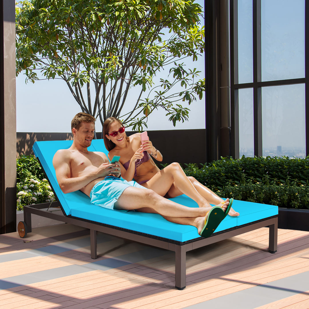 2-Person Patio Rattan Lounge Chair Chaise Recliner Adjustable Cushion Turquoise Image 5