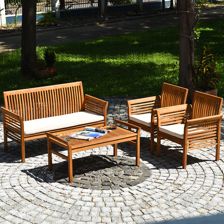 4 PCS Outdoor Acacia Wood Sofa Furniture Set Cushioned Chair Coffee Table Garden Image 5